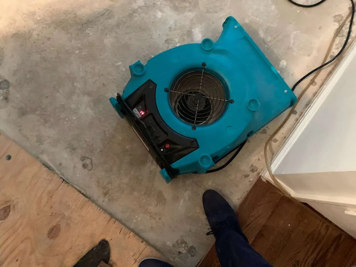 Air mover drying subfloor during Leak Detection & Repair in Imperial Beach